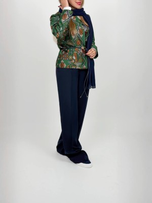 خرید ست کت ژاکارد پیکسلی و شلوار بگ سورمه‌ای