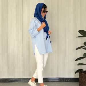 خرید شومیز مانتویی جدید آبی آسمانی لینن کد ATA با طراحی تیم اس ام استایل