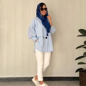 خرید شومیز مانتویی جدید آبی آسمانی لینن کد ATA با طراحی تیم اس ام استایل