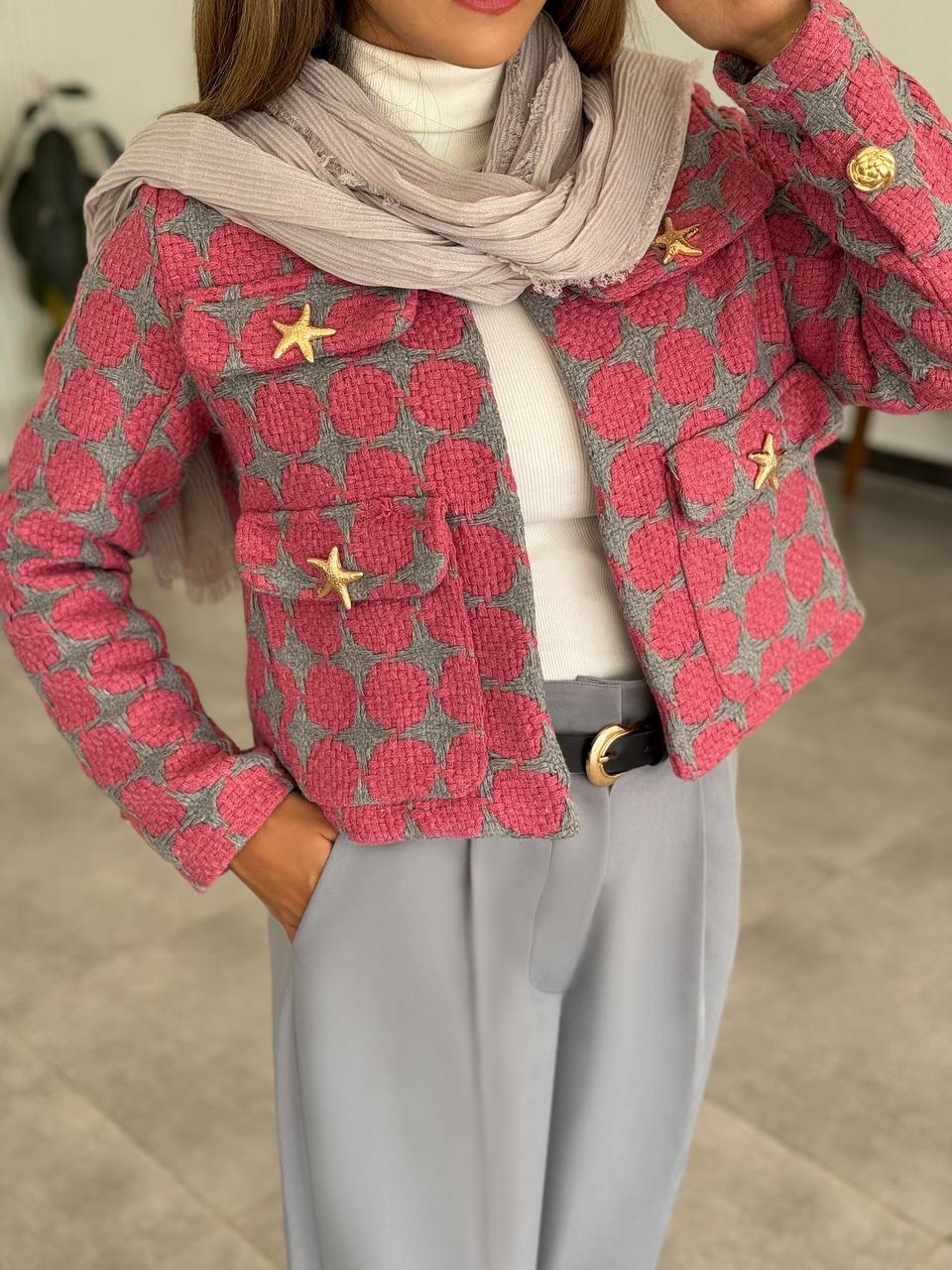 خرید کت زنانه بافت ترک طوسی سرخابی