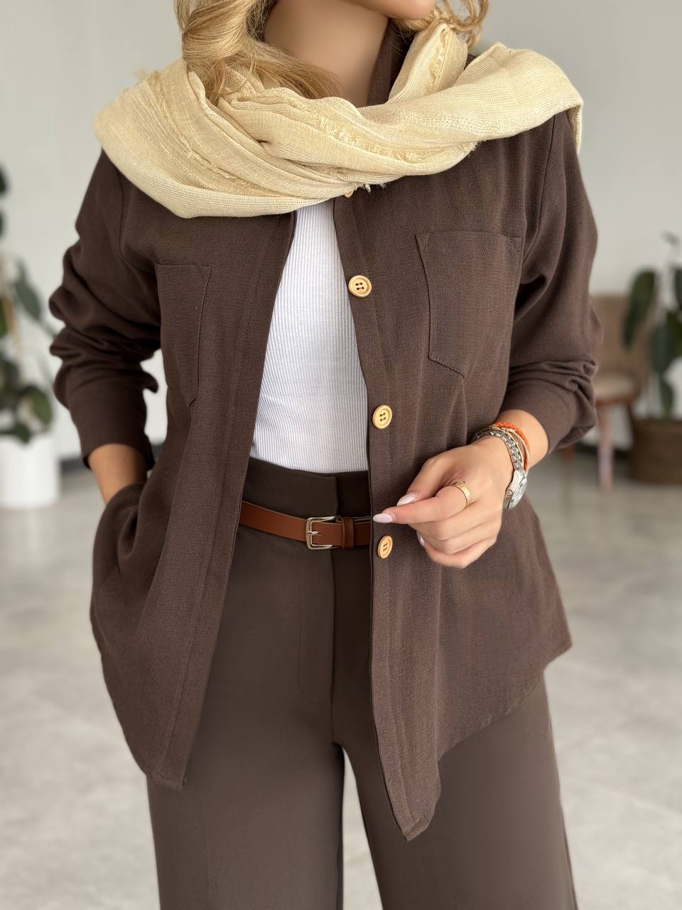خرید ست شومیز کنفی موکا و شلوار بگ قهوه‌ای زنانه