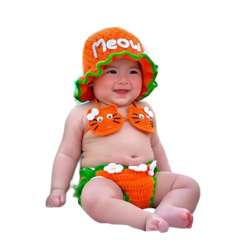 مایو دخترانه نوزادی طرح گربه با کلاه کد۵۴۶