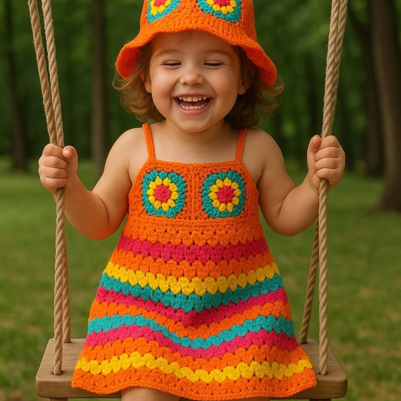 پیراهن قلاب بافی دخترانه با کلاه کد۰۸۷