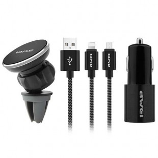 شارژر فندکی Awei مدل x10 همراه با پایه نگه دارنده موبایل و کابل دو سر