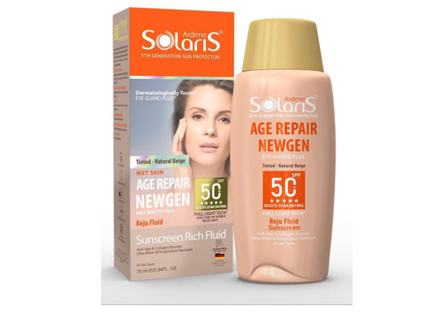 فلوئید ضد آفتاب و ضد چروک رنگی آردن سولاریس SPF 50 مدل ایج ریپیر نیوژن 75 میل