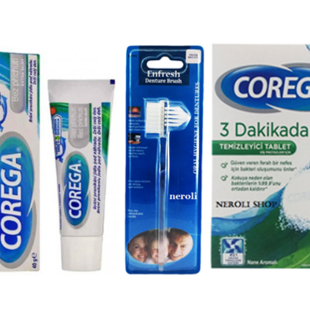 ست بهداشتی دندان مصنوعی ( چسب کورگا،قرص کورگا و مسواک دندان مصنوعی )