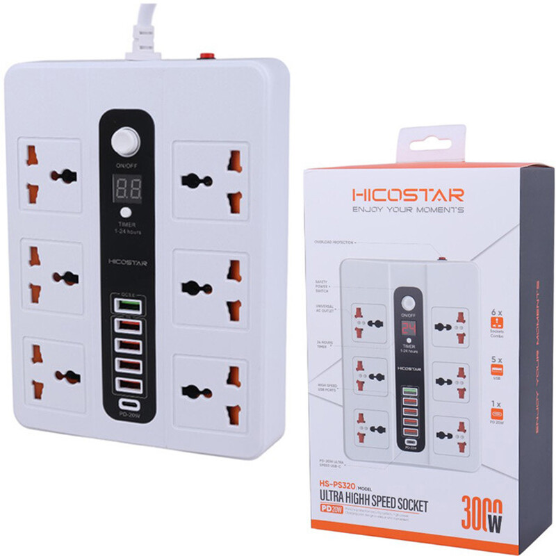 چندراهی برق شش سوکت 3000 وات، یک تایپ سی و پنج USB هایکو استار Hicostar HS-PS320