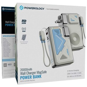 پاوربانک 20000 وایرلس و شارژر دیواری تایپ‌سی، USB و لایتنینگ فست شارژ 35 وات پاورولوژی