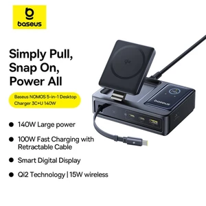 فروش شارژر رومیزی یک یو‌اس‌بی، دو تایپ‌سی و یک کابل تایپ‌سی جمع شونده 140 وات و شارژر وایرلس مگنتی 15 وات تاشو چندکاره بیسوس