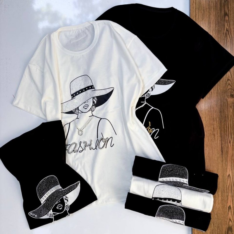 تیشرت نگین دار طرح کلاه