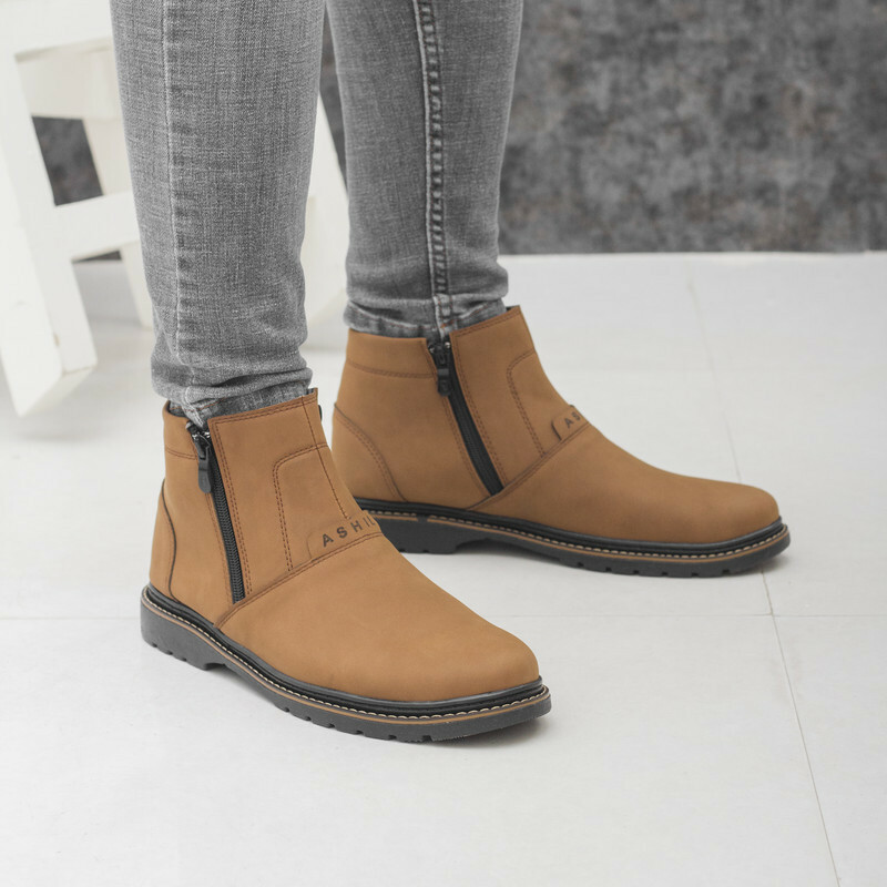 نیم بوت مردانه مدل آشیل دو بغل زیپ دار کد 1013 رنگ قهوه ای