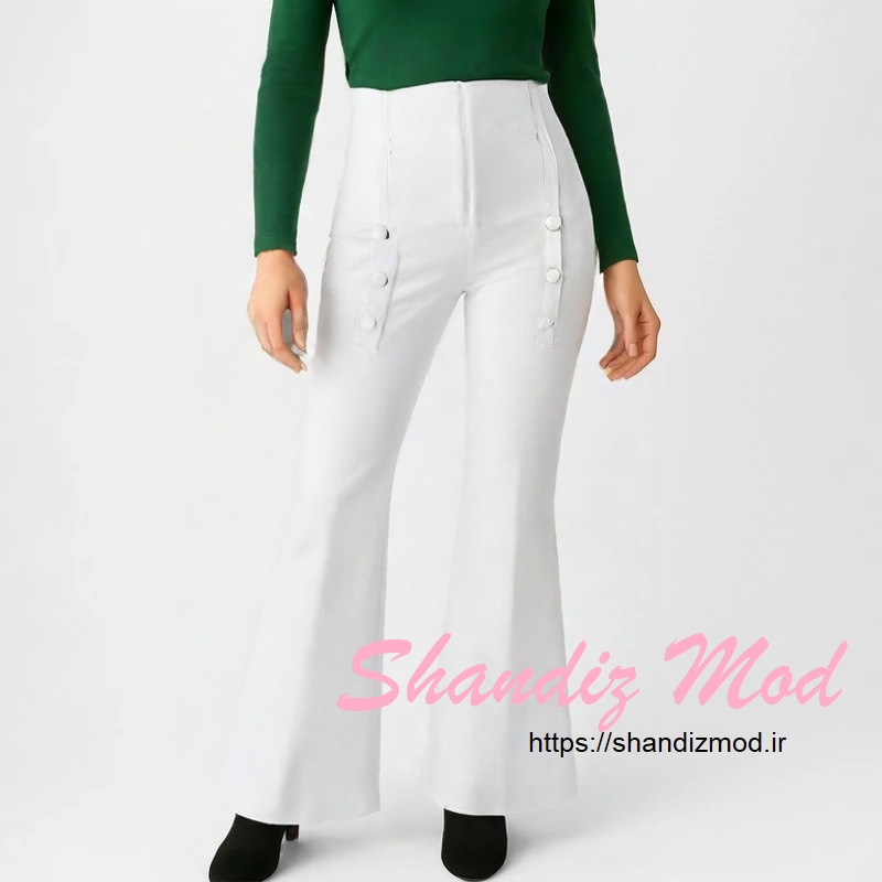 شلوار دم پا گشاد زنانه مدل کمرگن بوت کات رنگ سفید