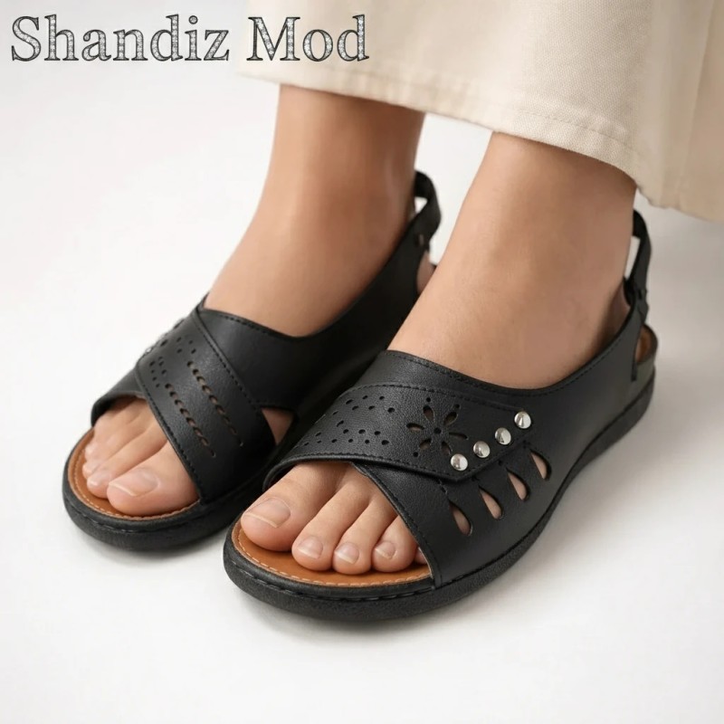 صندل زنانه چهار نگین الماس پشت کشی رنگ مشکی 7185665