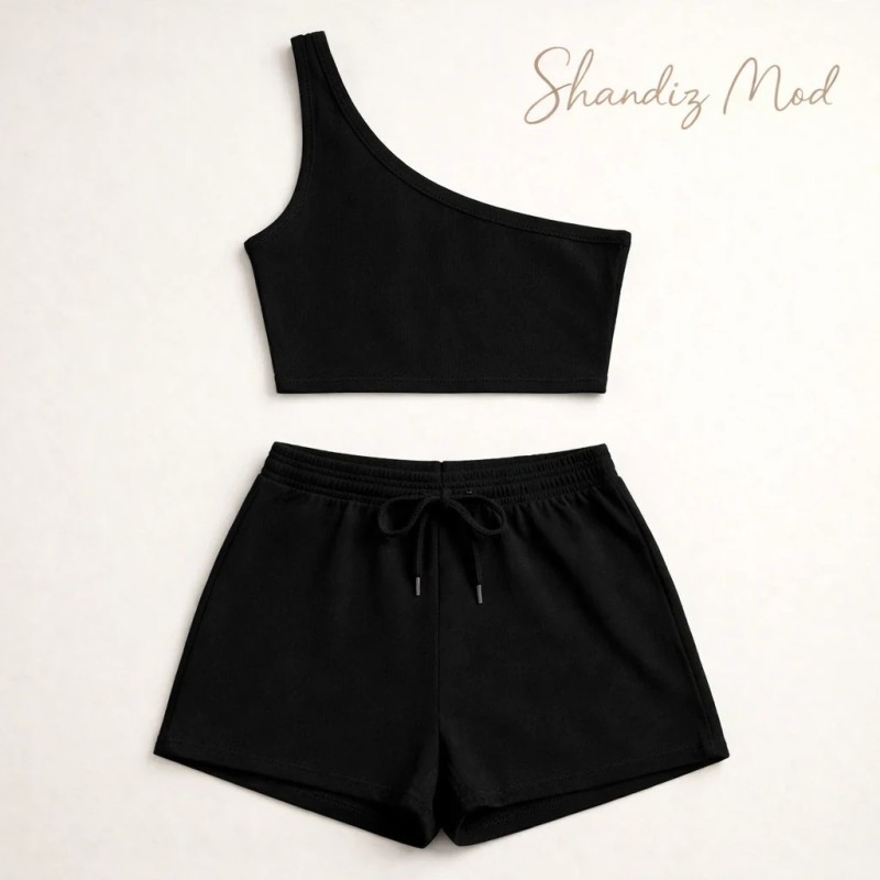 ست دو تیکه تاپ و شلوارک زنانه یقه رومی بند دار کد 7197551