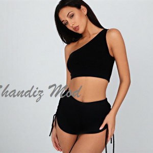 ست تاپ و شلوارک زنانه مدل یقه رومی رنگ مشکی