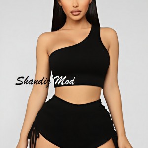 ست تاپ و شلوارک زنانه مدل یقه رومی رنگ مشکی