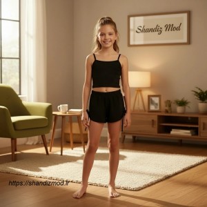 تاپ و شلوارک راحتی دخترانه مدل بندی ظریف رنگ مشکی