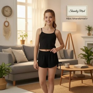 تاپ و شلوارک راحتی دخترانه مدل بندی ظریف رنگ مشکی