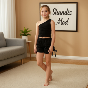 ست تاپ و شلوارک راحتی دخترانه مدل یقه رومی