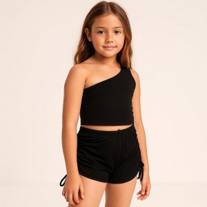 ست تاپ و شلوارک راحتی دخترانه مدل یقه رومی