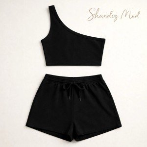 ست دو تیکه تاپ و شلوارک زنانه یقه رومی بند دار کد 7197551