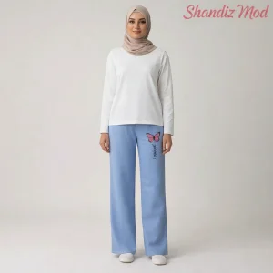 شلوار راحتی زنانه مدل پروانه زیبا کد 6116306  رنگ آبی آسمانی