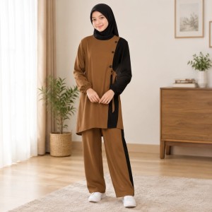 ست تونیک و شلوار دخترانه ابروبادی ترکیبی شاندیز مد کد 5863726 رنگ قهوه ای و مشکی