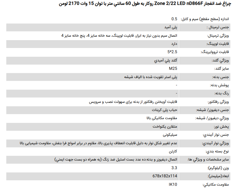 جدول مشخصات چراغ ضد انفجار