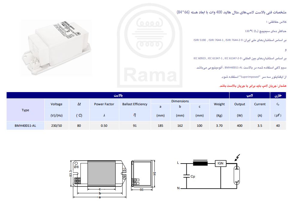 مشخصات بالاست 400 وات متال هالید آلومینیوم راما