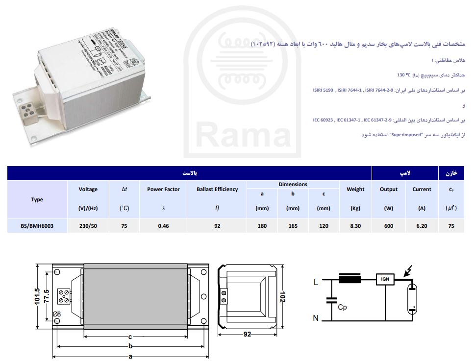 مشخصات ترانس 600 وات بخار سدیم و متال هالید