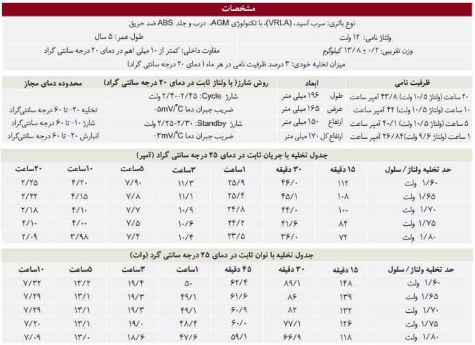 مشخصاات باتری 12 ولت 42 آمپر فاراسل - فاراتل