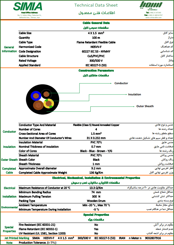 مشخصات فنی کابل افشان 1.5*4 سیمیا دیتا شیت