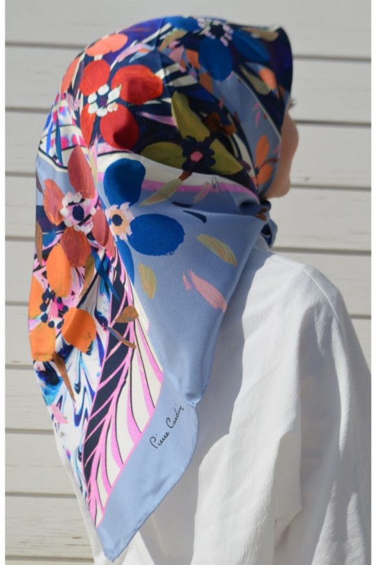 روسری ابریشمی گلدار آبی 1