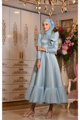 لباس عقد ساتن پردار آبی