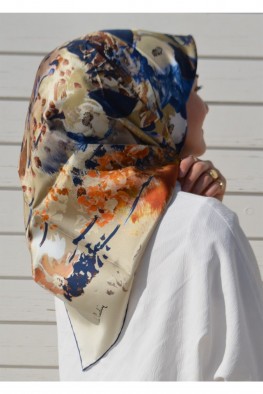 روسری ابریشمی کرم آبی