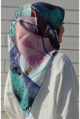 روسری ابریشمی آبی صورتی 2