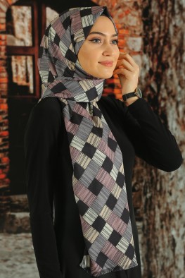 شال نخی طرحدار طوسی صورتی