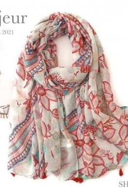 شال نخ پنبه اسپرت گلدار منگوله دار کد 3841772