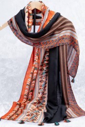 شال نخی پاییزه سرخ پوستی منگوله دار کد 3918149