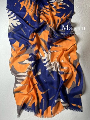 شال نخی بهاره طرح هاوایی سرمه ای نارنجی کد 4052174