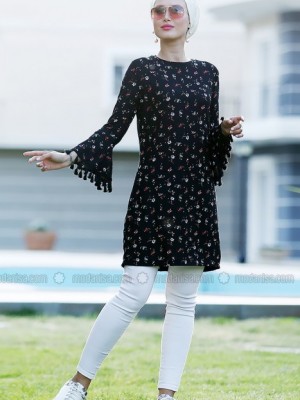 تونیک با آستین والان دار مشکی قهوه ای