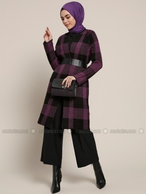 مانتو کتی چهارخانه بنفش و مشکی