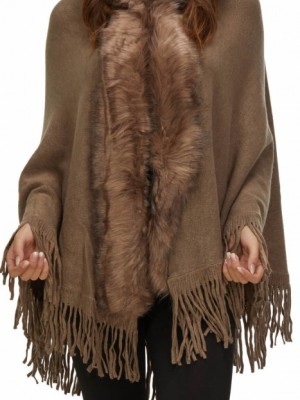 پانچو قهوه ای روشن خزدار