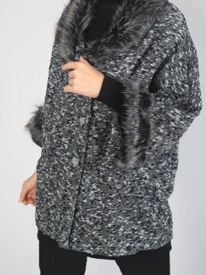 پانچو طوسی آستین خزدار