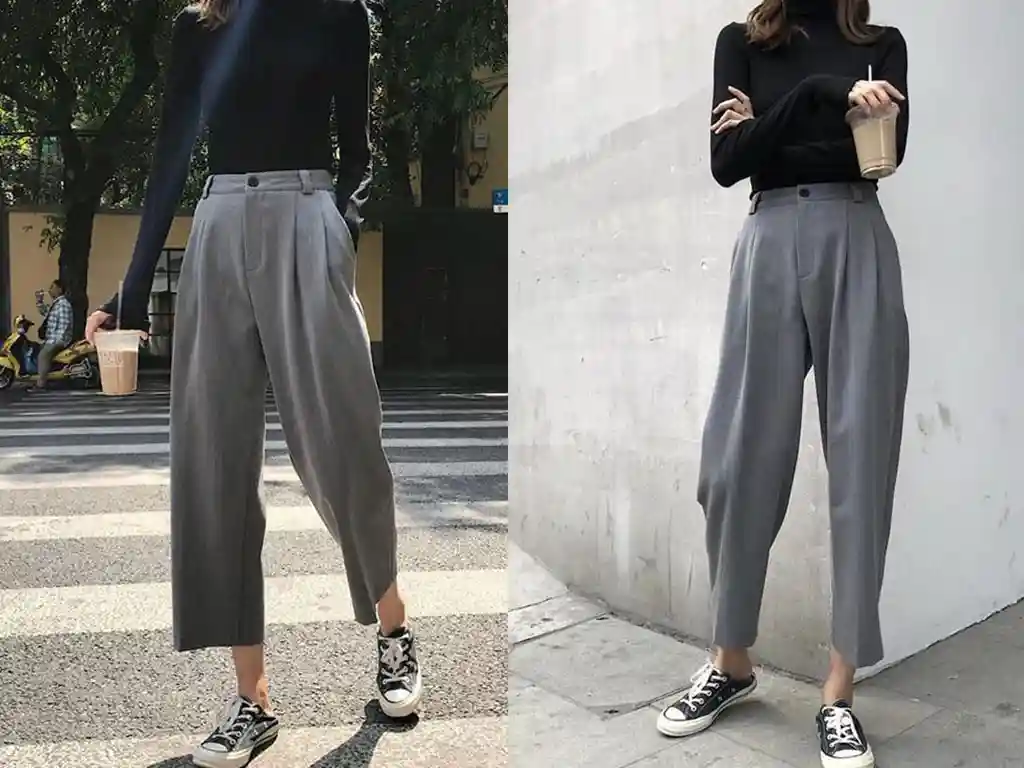 شلوار مناسب کتونی مشکی: شلوار نخی طوسی یا خاکستری