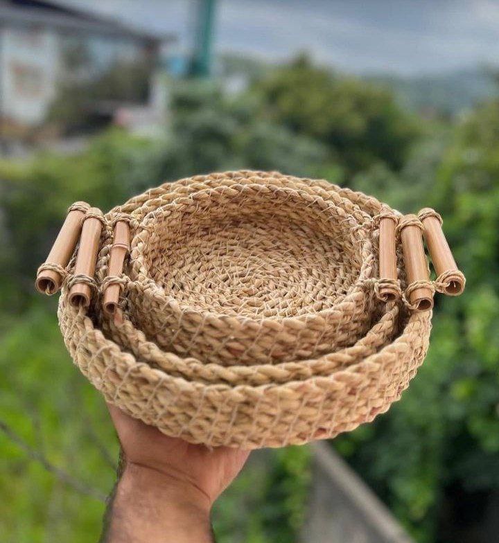 سبد سه تیکه حصیری دسته بامبو