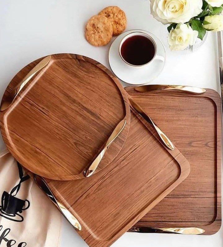 سینی چوبی دسته طلایی