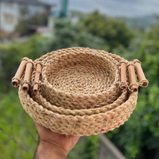 سبد سه تیکه حصیری دسته بامبو