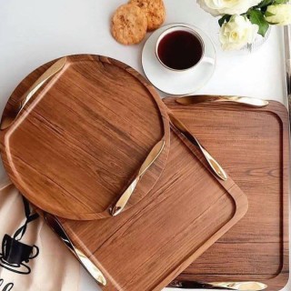 سینی چوبی دسته طلایی