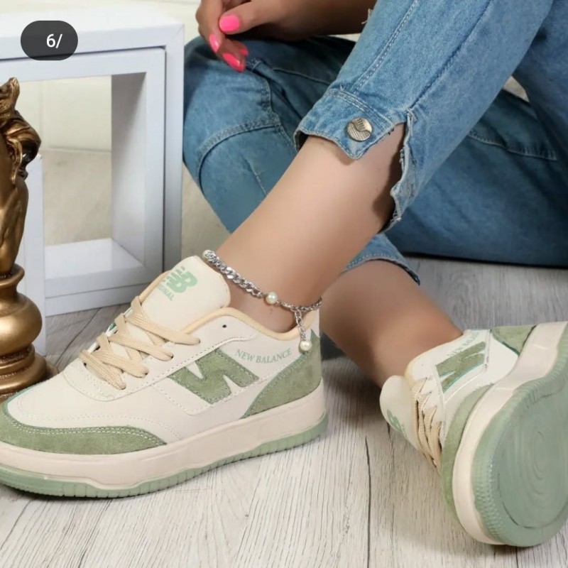 فروش فوق العاده کفش کتونی ونس دخترانه و زنانه مدل نیوبالانس  رنگ کرم سبز رویه چرمی مقاوم و بادوام با ارسال رایگان